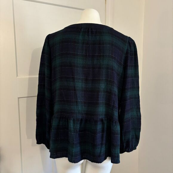 Loft Size Medium Dark Green Plaid Tartan Ruffle Peplum Preppy Peasant Blouse - Picture 3 of 8